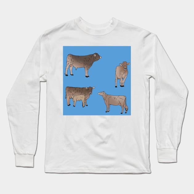 Brown Swiss Cows Pattern Blue Long Sleeve T-Shirt by TrapperWeasel